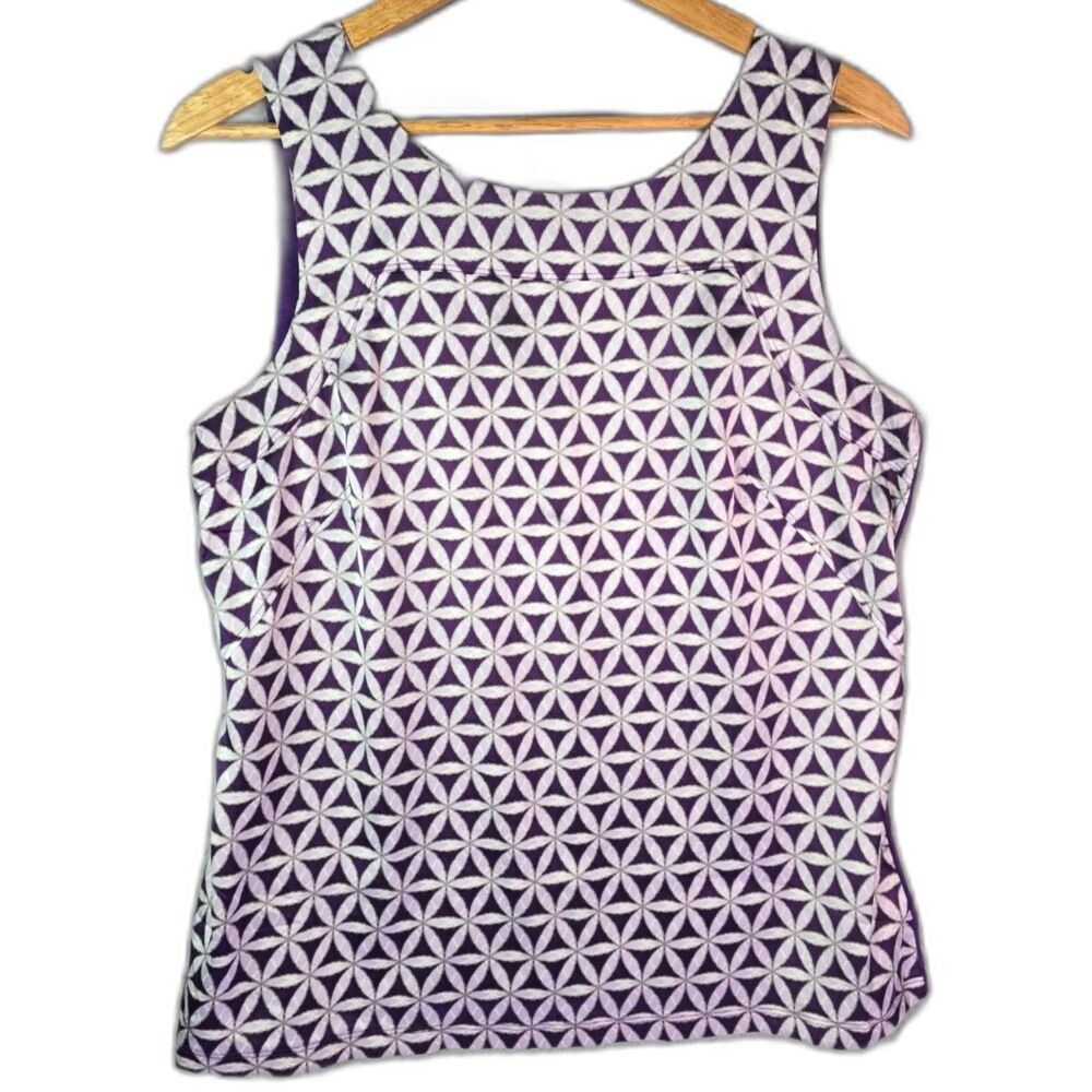 Ann Taylor Purple Geometric Print Shell L Stretch Scoop Neck Workwear